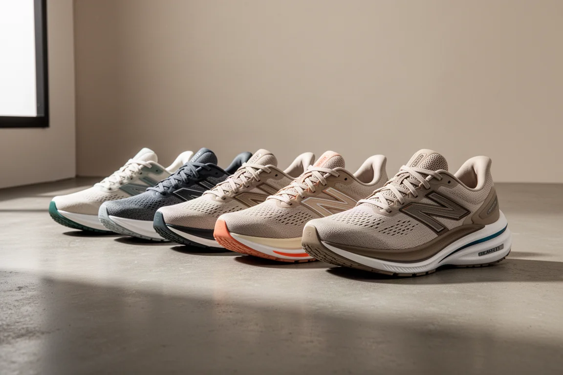 Fila di scarpe da running ASICS moderne che mostra varied altezze della medesola su un pavimento in cemento