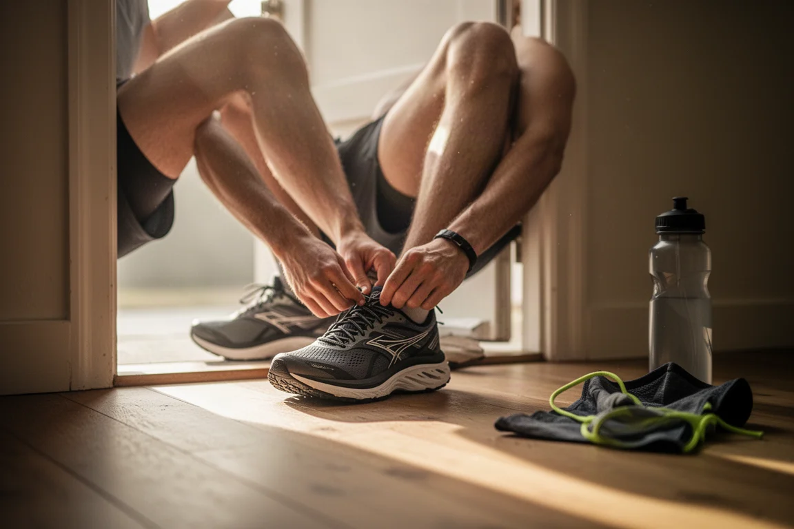 Runner lacing up a pair of cushioned running shoes at a doorway before an early morning run