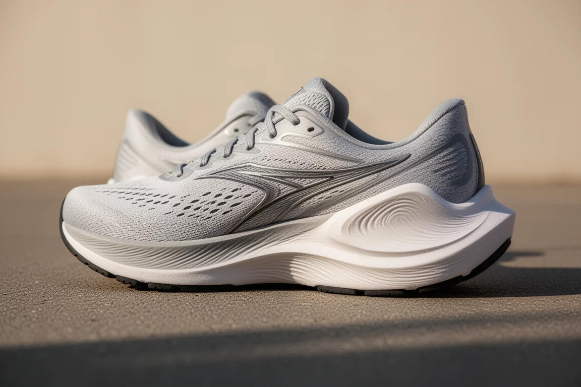 Close-up of a stability running shoe midsole showing sidewall structure on pavement