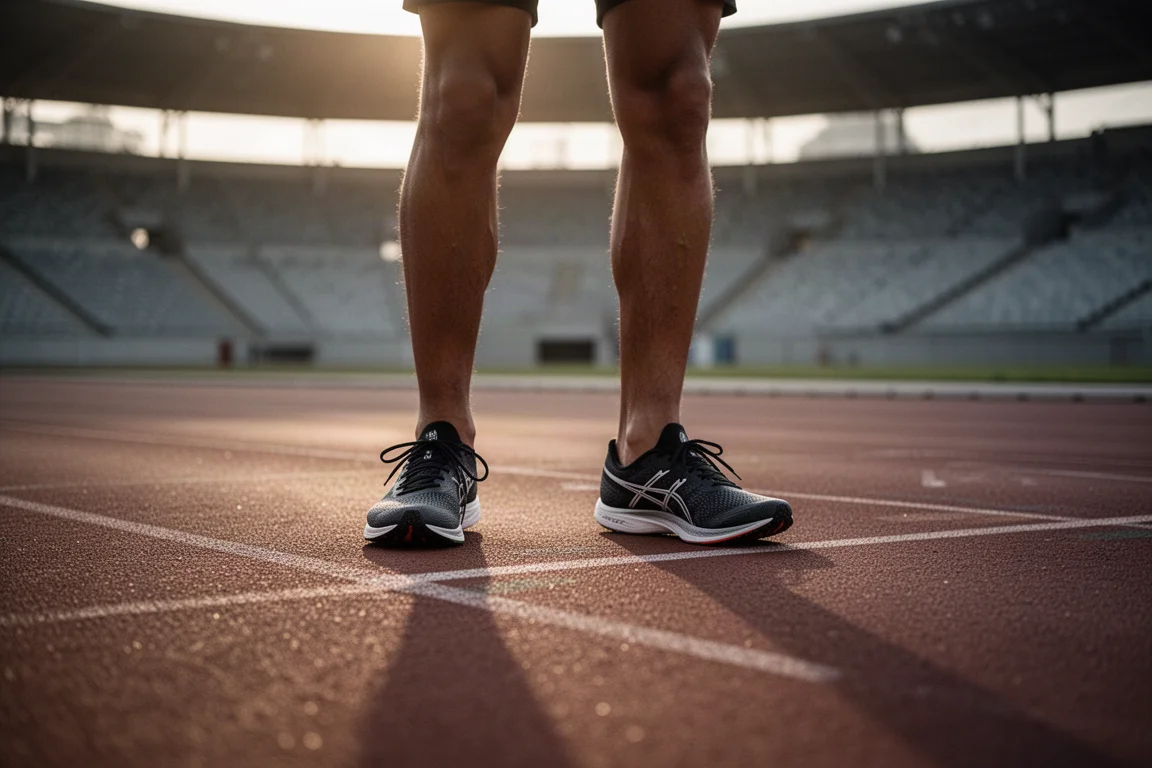 Runner at a starting line on a track in racing shoes during an evening workout