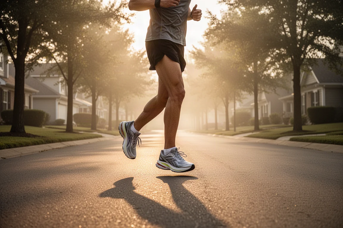 Runner striding down a quiet suburban road in high-cushioned trainers at sunrise