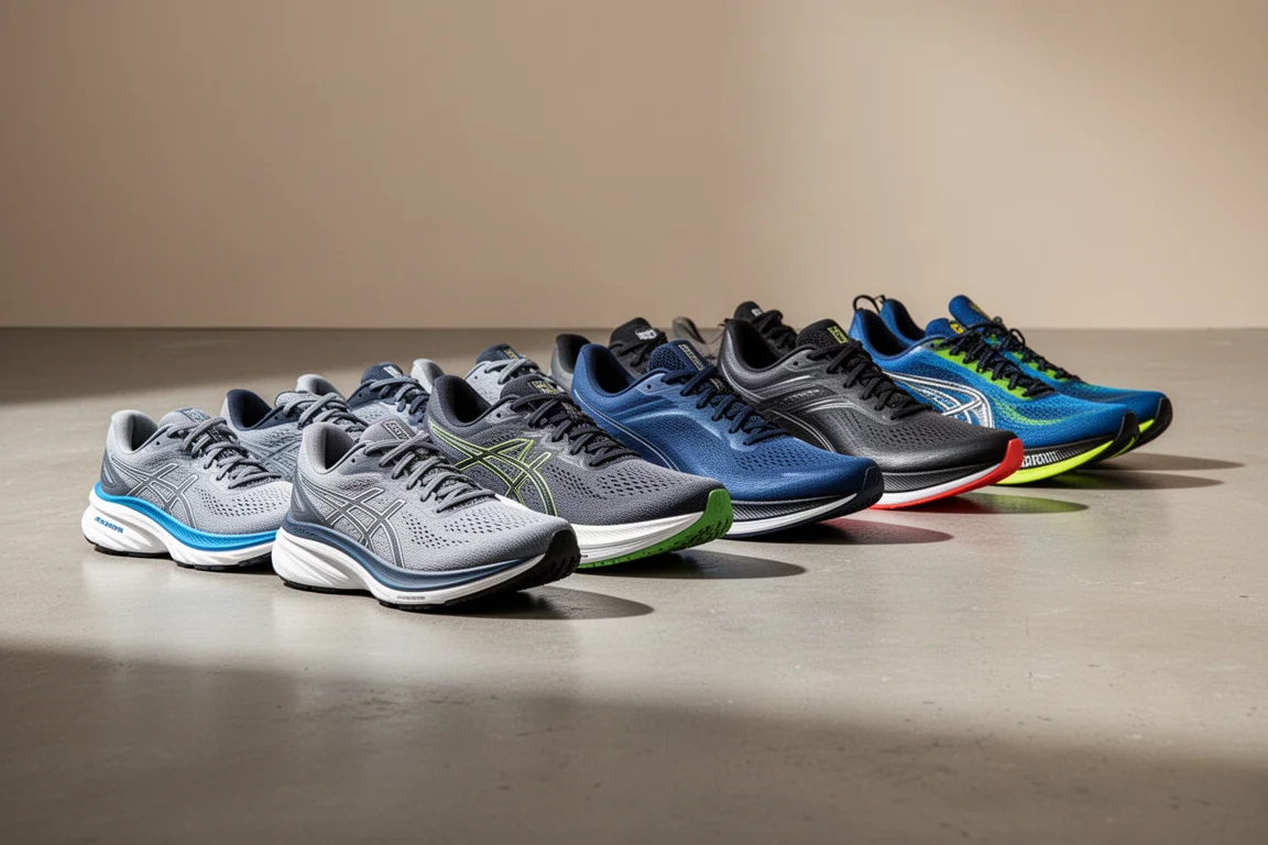 Row of varied ASICS running shoes from cushioned trainers to racing shoes on concrete