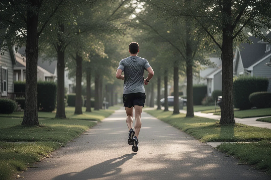 Läufer startet einen lockeren Traininglauf auf einem Gehweg am Stadtrand