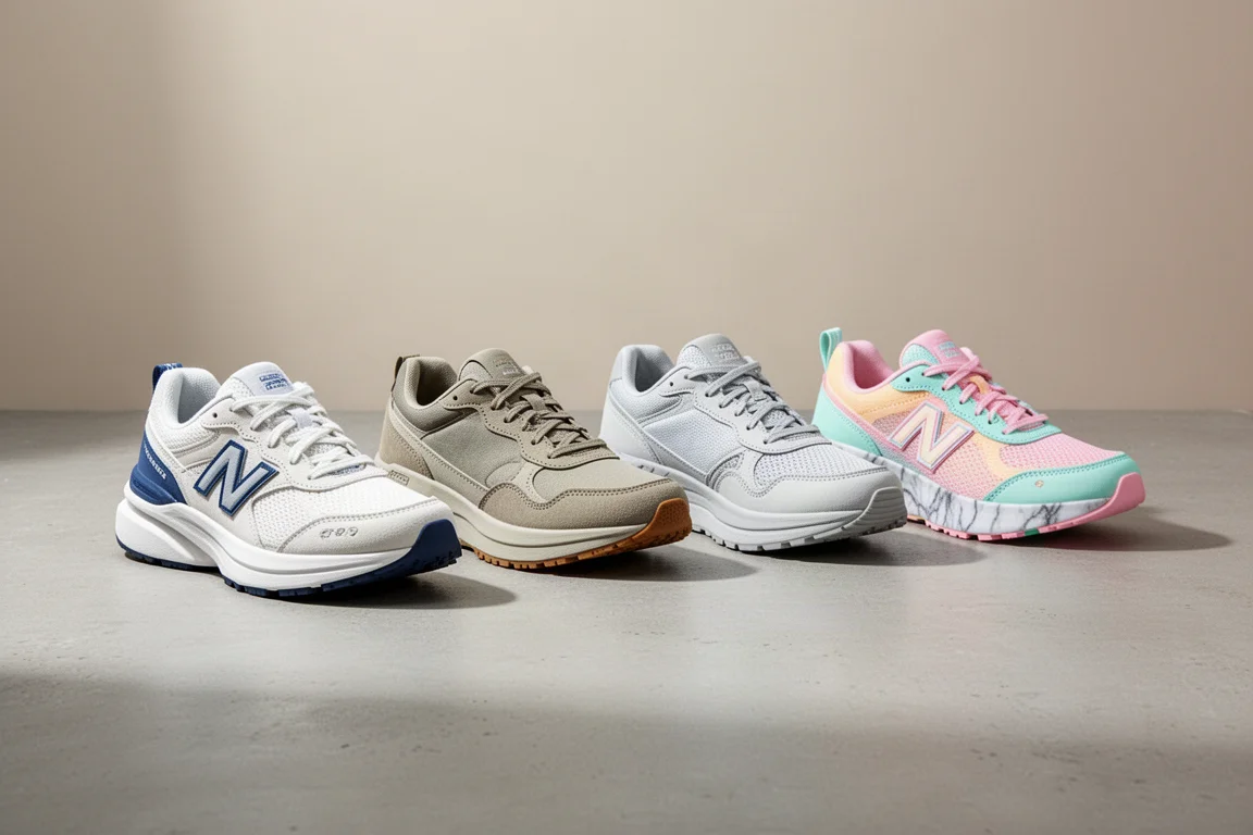 Four Asics running shoes lined up on a light concrete surface