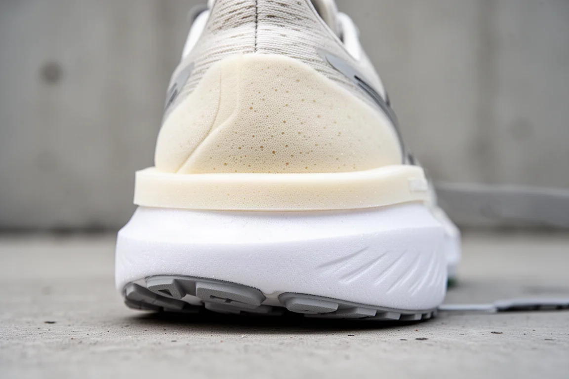 Gros plan sur la semelle intermédiaire d'une chaussure de running montrant une couche inférieure de mousse d'entraînement blanche sous une mousse de course blanc cassé