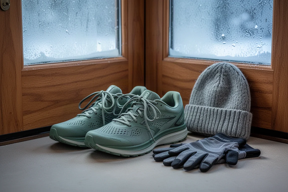 Chaussures de running et lacets posés près d'une porte d'entrée avant une sortie par matin froid