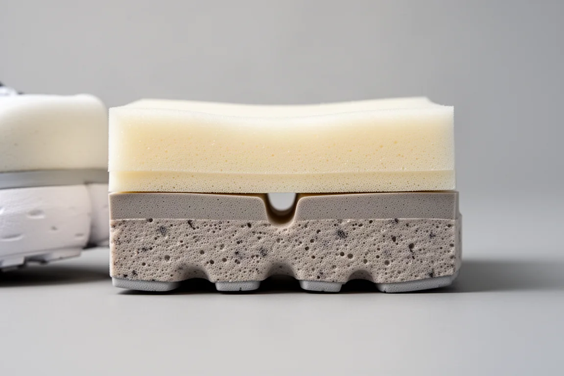 Nahaufnahme einer mehrschichtigen Mittelsohle aus Schaum mit kleiner Gabelplatte im Laufschuh