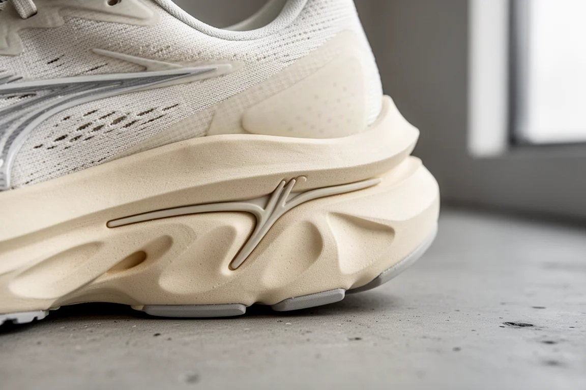 Close-up of a running shoe midsole showing layered foam and a forked plate