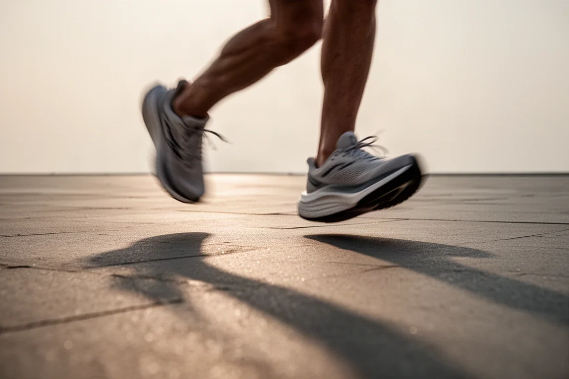 Runner's feet in lightweight shoes during a tempo run on city pavement