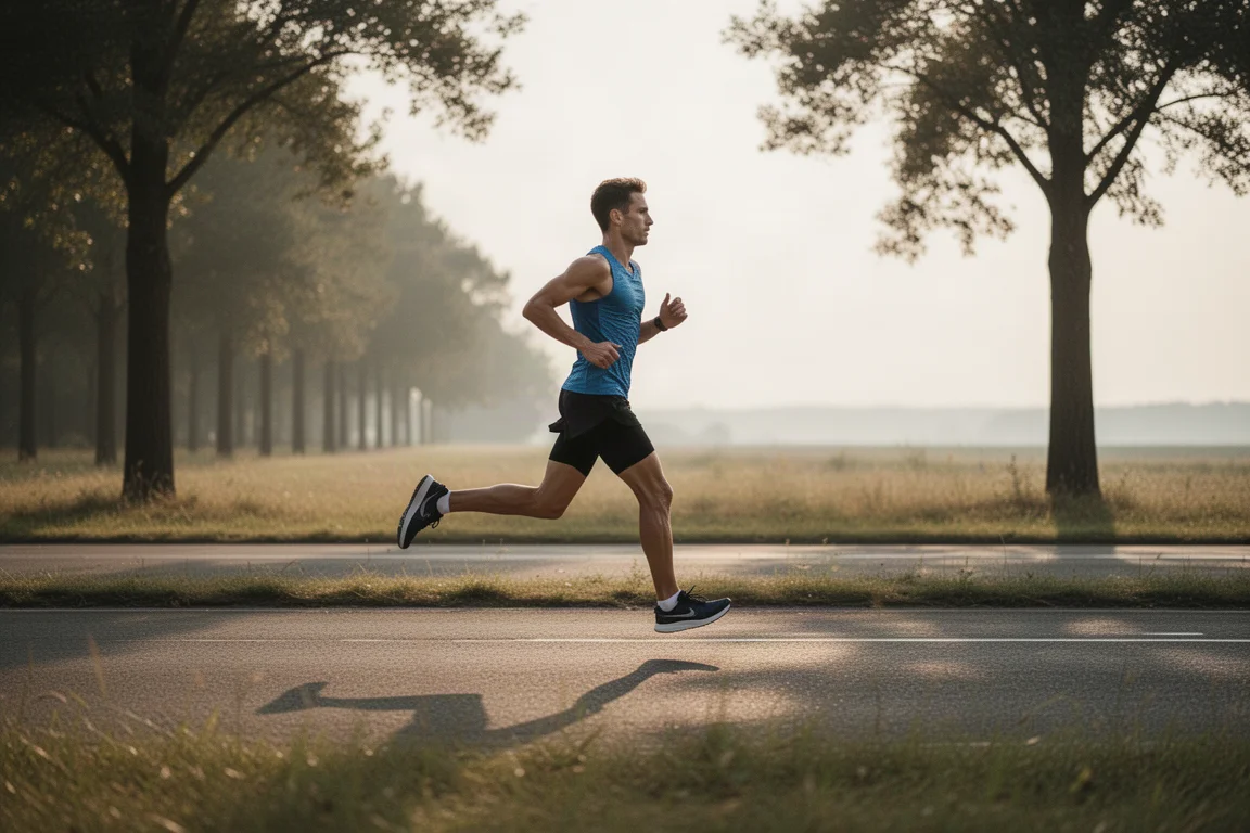 Marathonloper die een rustig duurtempo aanhoudt op een open weg