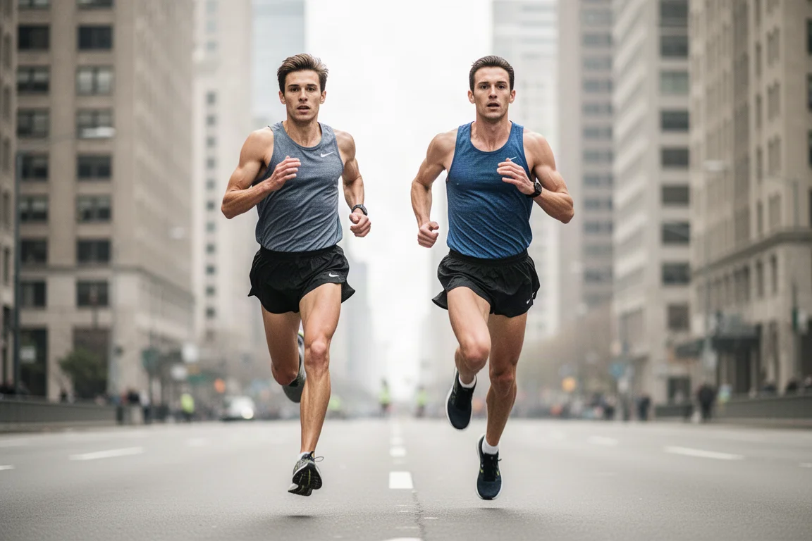 Twee hardlopers in duel op een straat tijdens een halve marathon