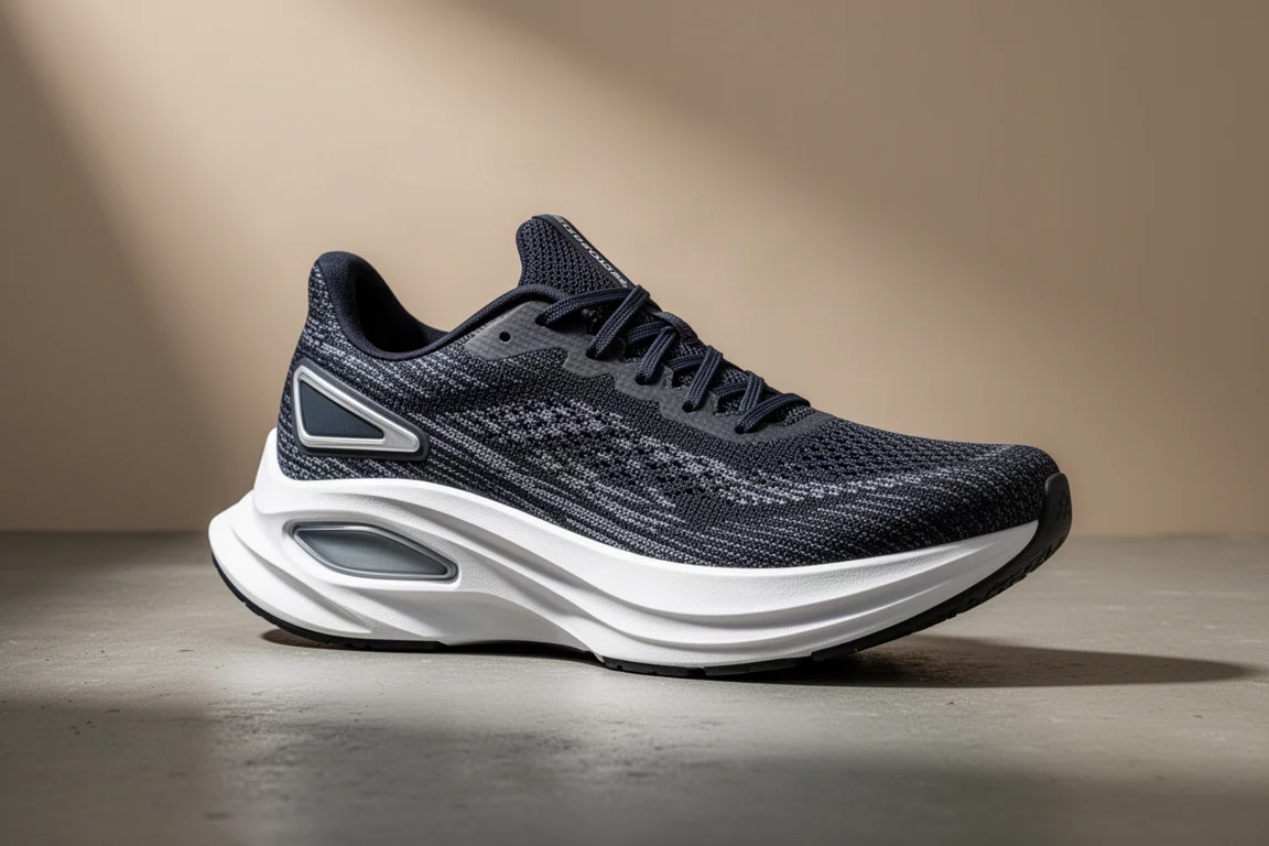 ASICS Sonic Blast running shoe with layered midsole and forefoot rocker on concrete