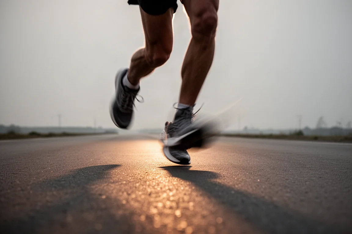 Piedi di un runner che colpiscono l'asfalto ad alta velocità su una strada aperta