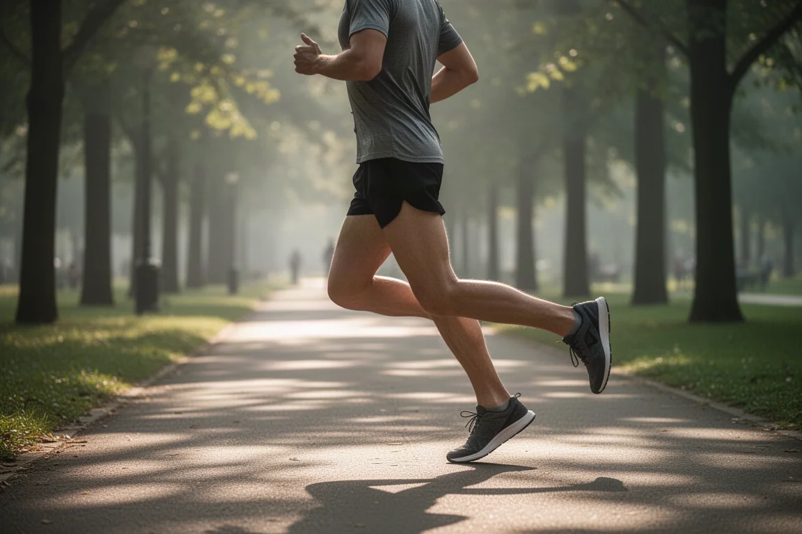 Runner che trotterella lungo un viale alberato di un parco nella luce soffusa del mattino