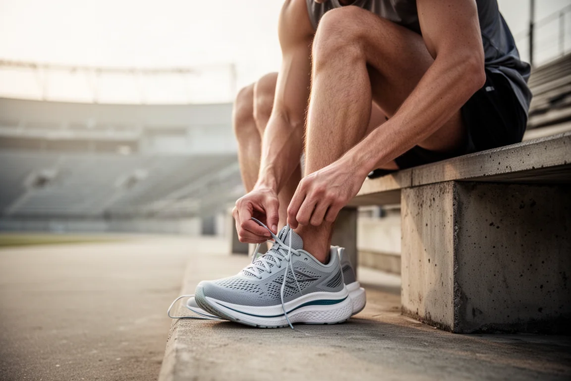 Runner lacing up a lightweight racing shoe near a stadium track in morning light