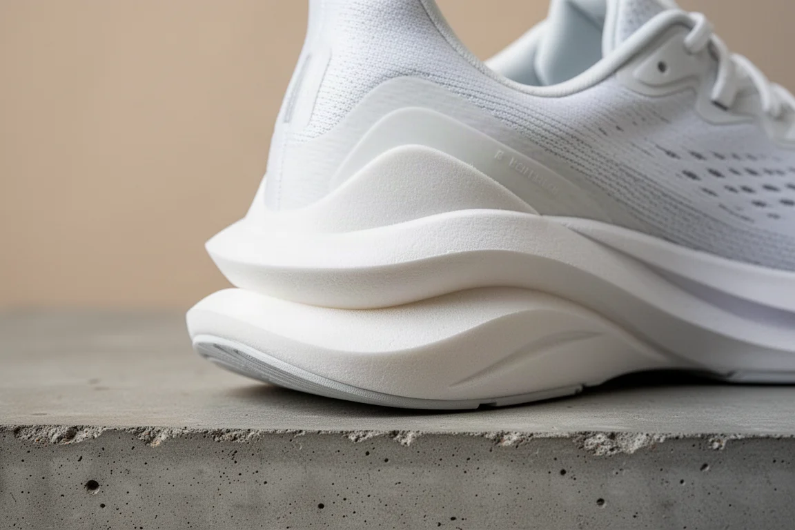 Close-up of thick white midsole foam on a cushioned daily trainer