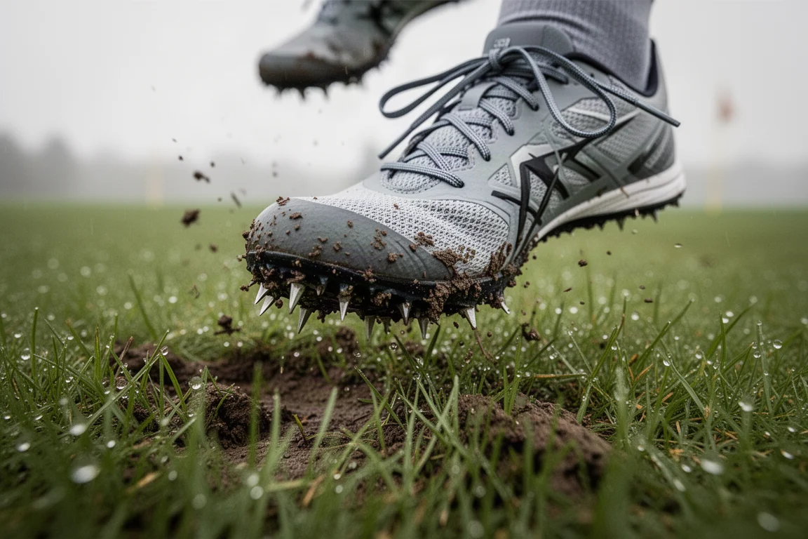 Cross country spike with replaceable pins gripping a muddy grass course