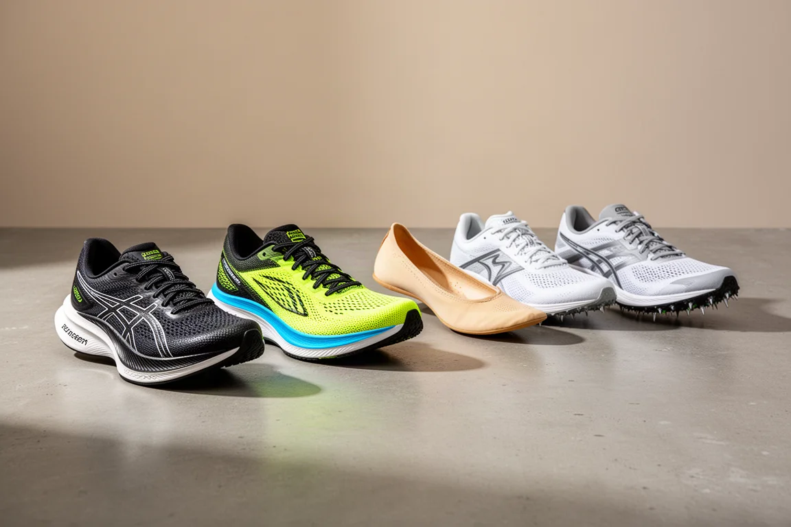 Six ASICS running shoes arranged in a row on a concrete surface