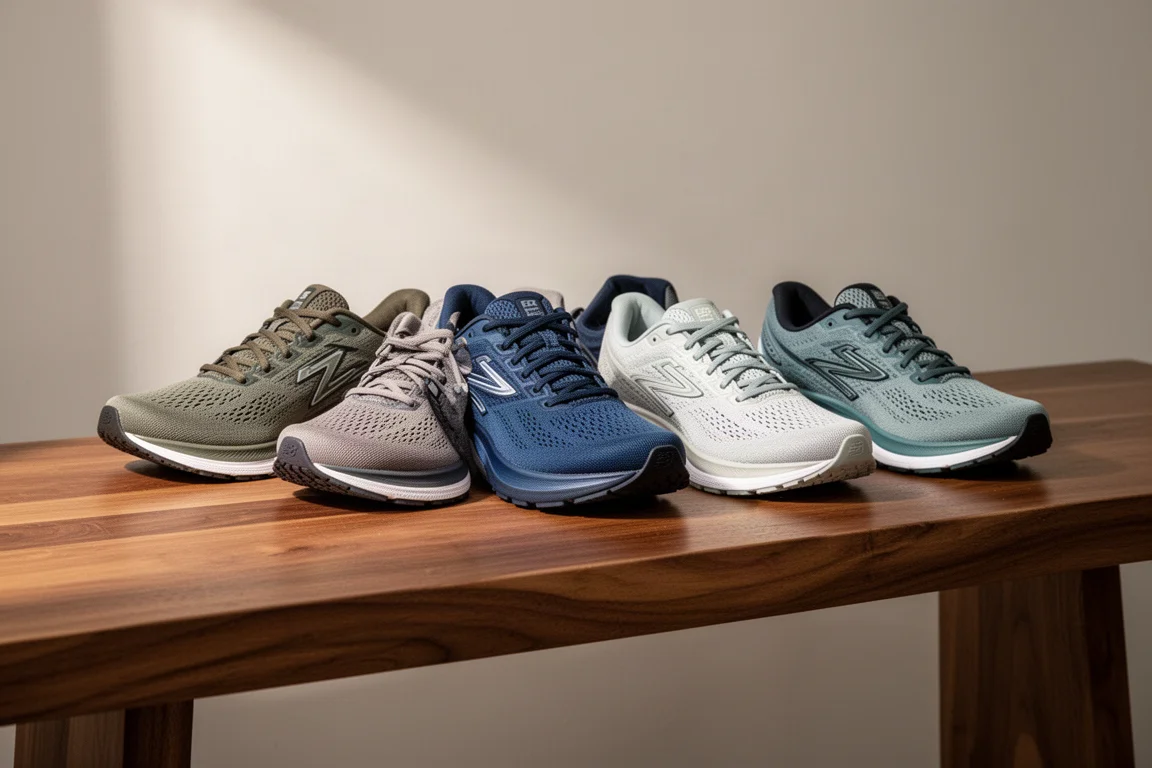 Fila de zapatillas de running dispuestas sobre un banco de madera minimalista