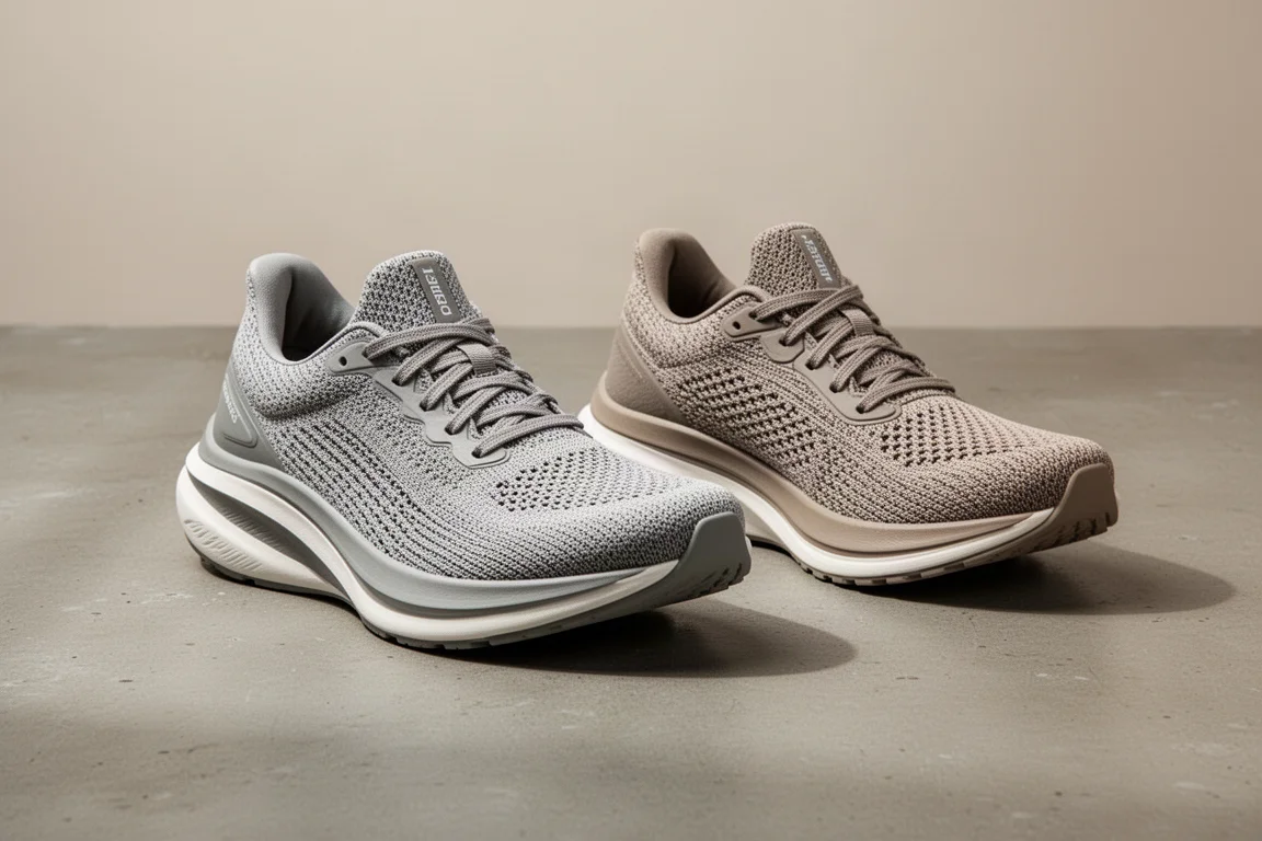 Zapatillas de running de gran amortiguación lado a lado sobre una superficie de estudio para compararlas