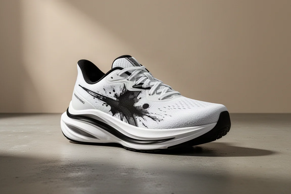 White and black max cushion running shoe on a concrete surface