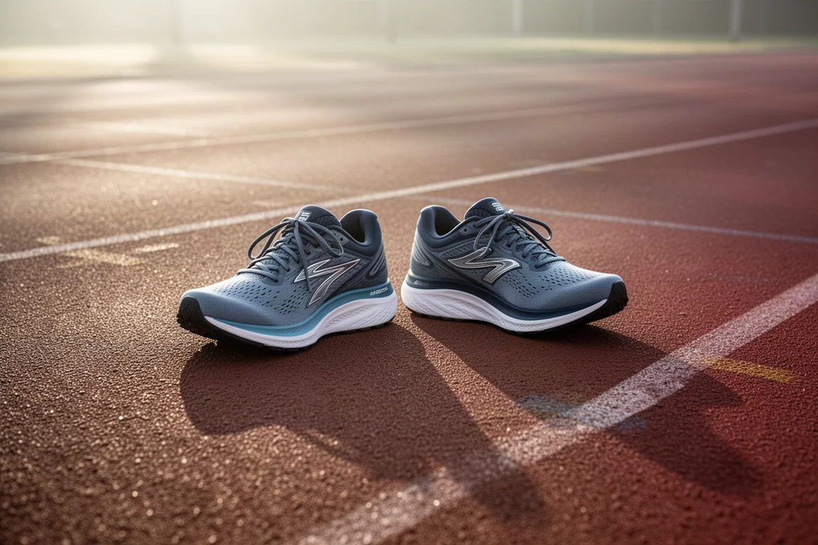 Dos zapatillas de running premium lado a lado en una pista tranquila con luz suave de mañana