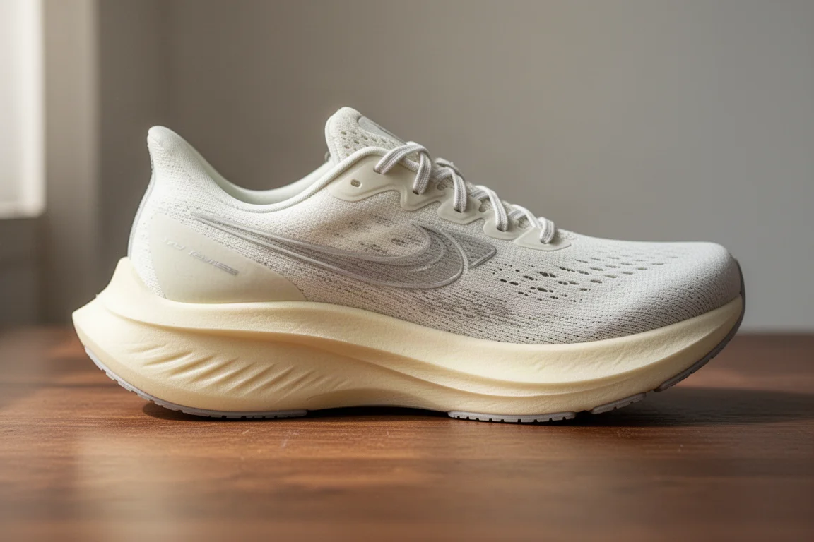 Primer plano de la mediasuela de una zapatilla de running mostrando el apilado de espuma y la forma rocker