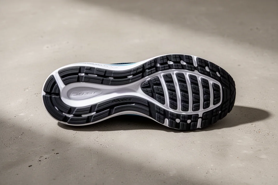 Detalle de la suela exterior de una zapatilla de running mostrando la cobertura de goma sobre hormigón