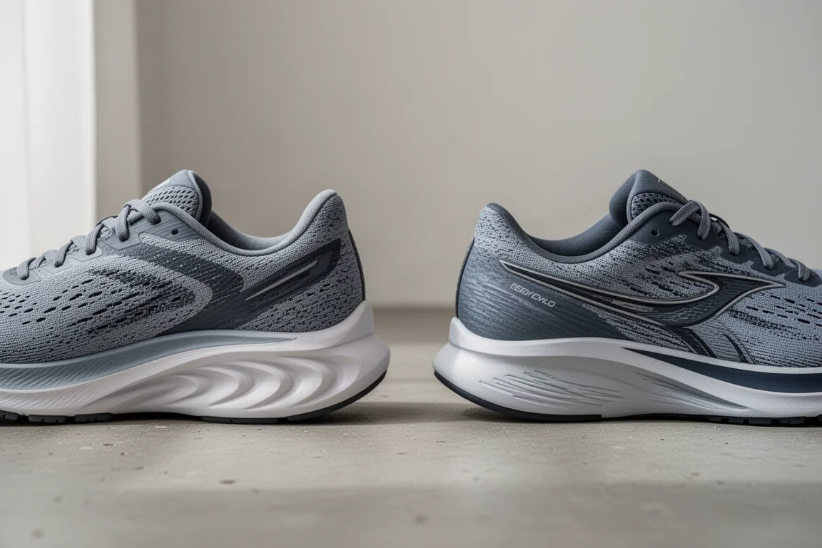 Zwei Laufschuhe nebeneinander auf Beton mit unterschiedlich hohen Stack-Höhen