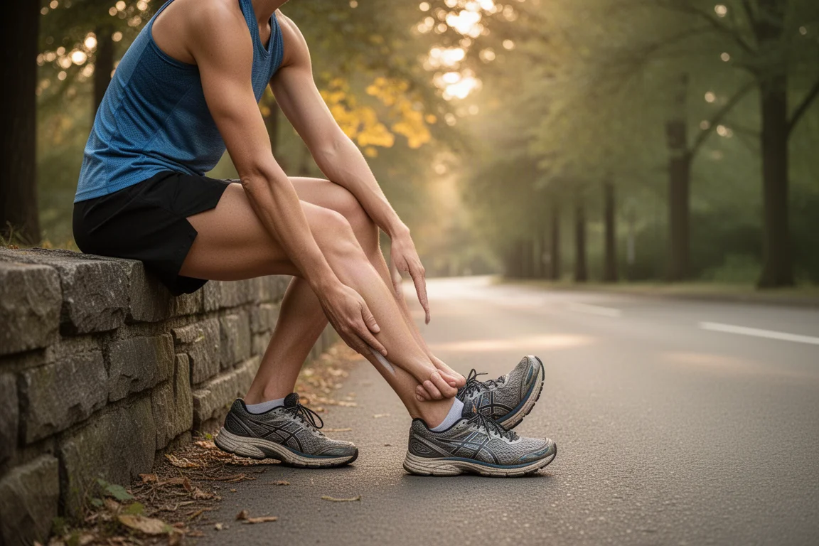 Läufer dehnt sich auf einer ruhigen Straße nach einem langen lockeren Lauf