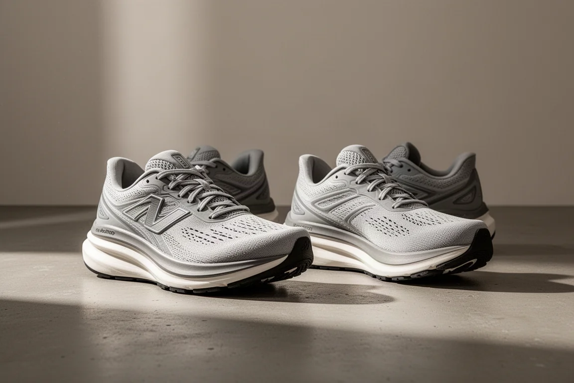 Due scarpe running ad alto tacco affiancate su una superficie da studio