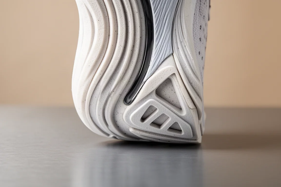 Dettaglio di una spessa intersuola stratificata di una scarpa da running