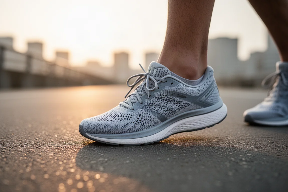 Runner tying laces on a running shoe on an urban pavement at sunrise