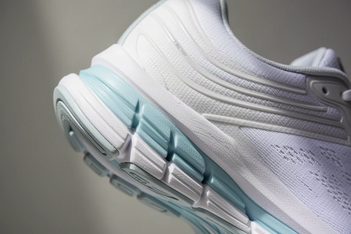 Close-up of a running shoe midsole showing layered foam