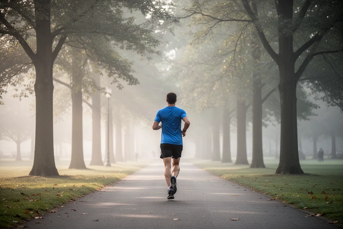 Runner moving through a quiet park path in early morning light