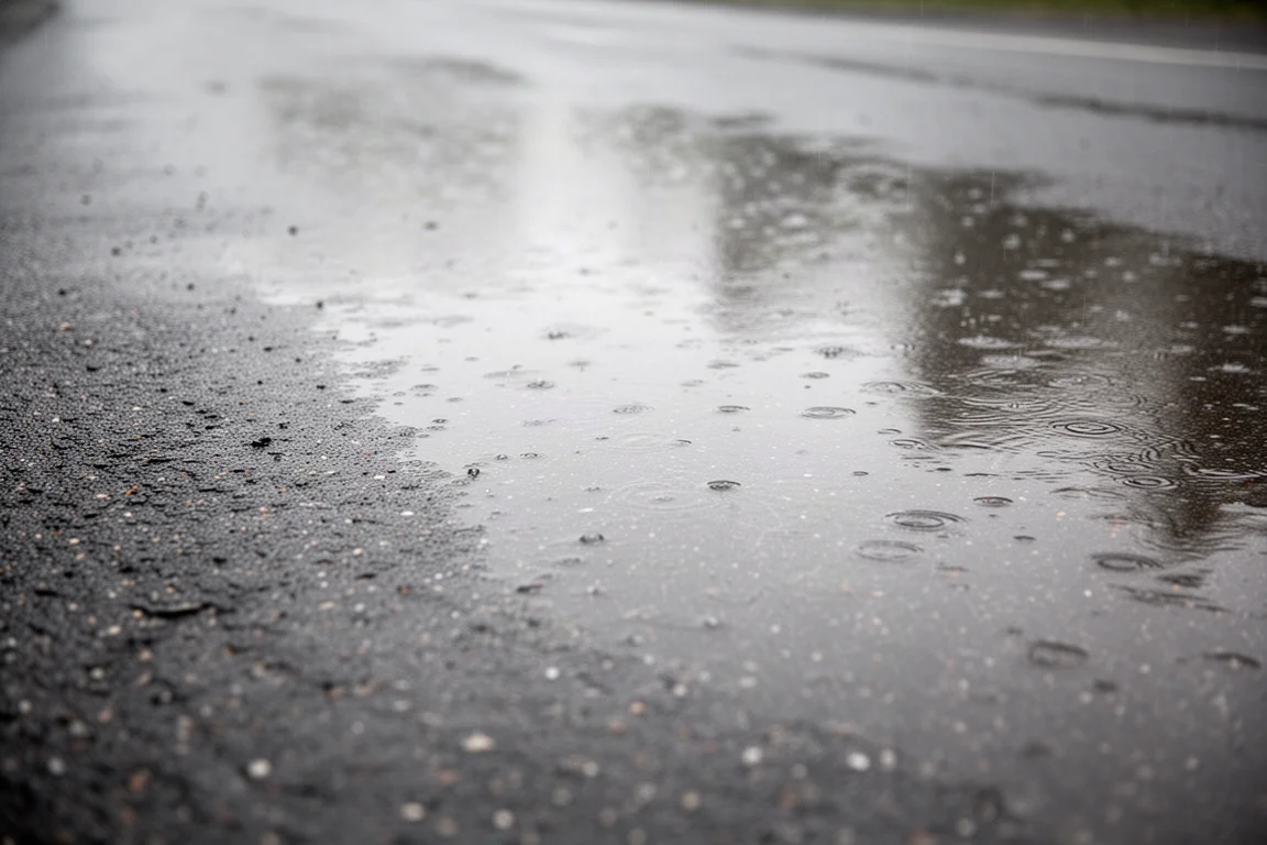 Wet tarmac road surface reflecting overcast sky after rain