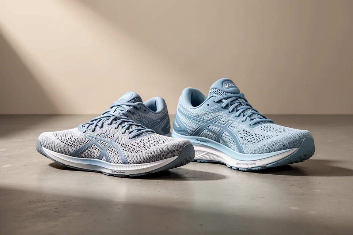 Two ASICS running shoes side by side on a concrete surface