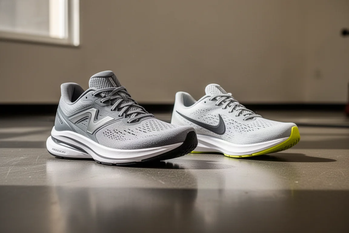 Dos pares de zapatillas de running lado a lado sobre el suelo de un gimnasio antes de una sesión de entrenamiento