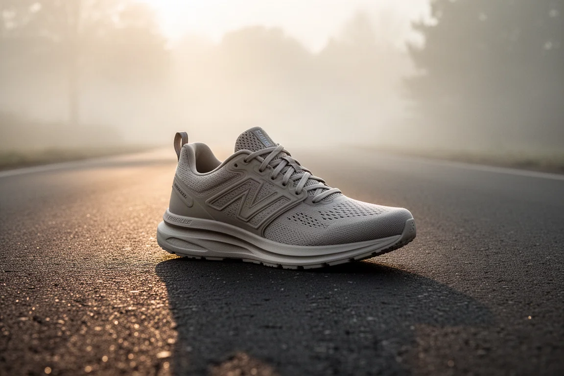 Scarpa da running neutra stradale dal tacco alto su asfalto nella luce soffia del mattino