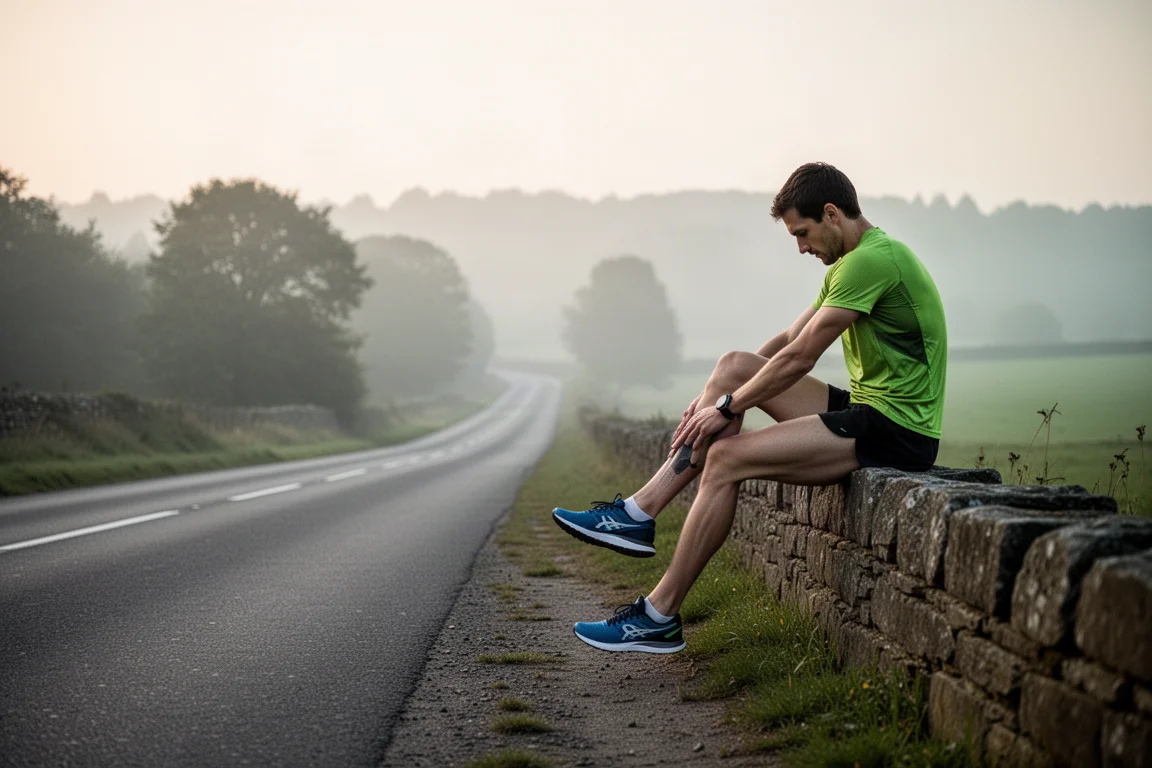 Runner che si allunga a bordo strada dopo una lunga corsa nella luce soffia della sera