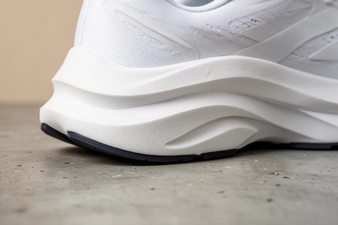Primo piano della schiuma spesso ammortizzata della intersuola di una scarpa da running che si comprime leggermente