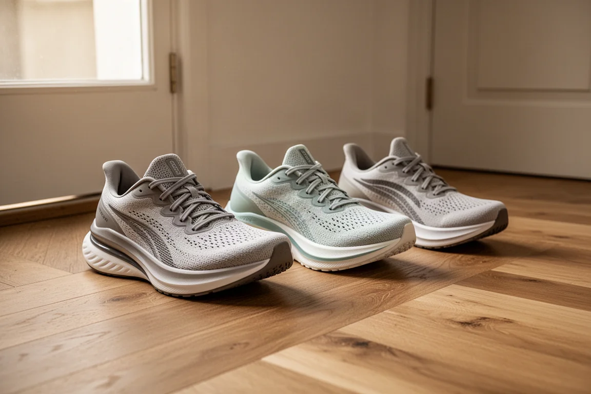 Rotazione di tre paia di scarpe da running disposte su un pavimento in legno
