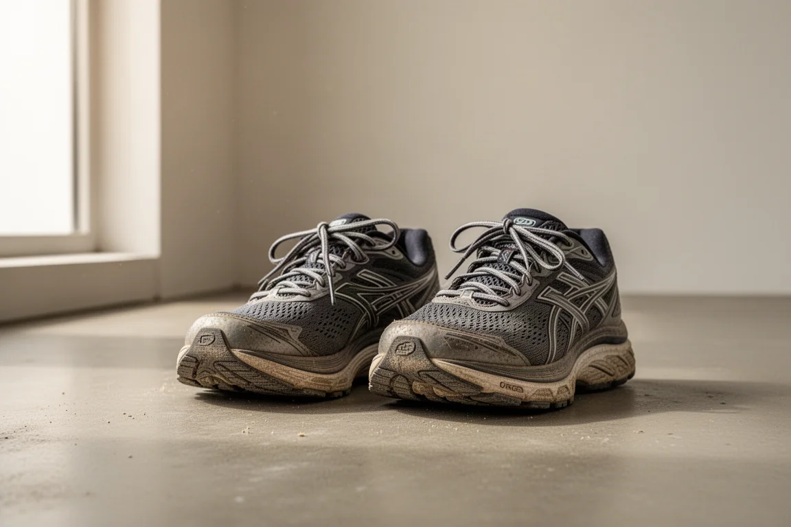 Par de zapatillas de running amortiguadas colocadas una junto a la otra tras una tirada larga