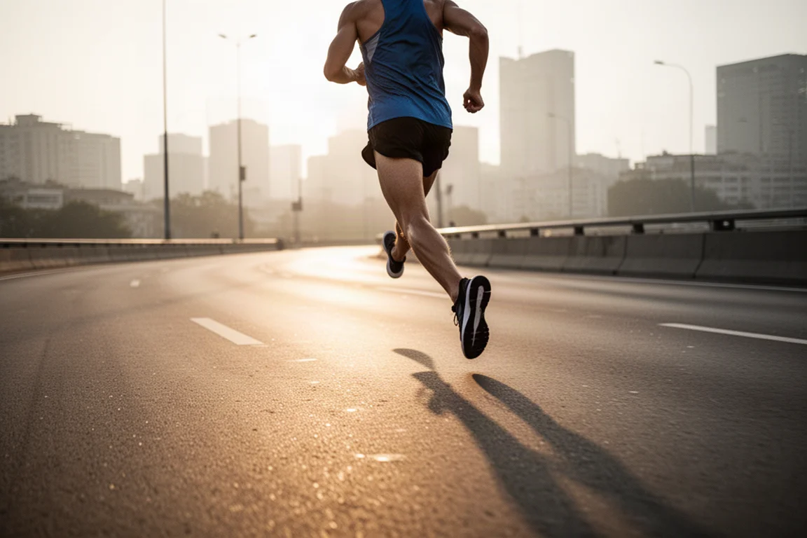 Runner tying the laces of a cushioned running shoe before a morning run