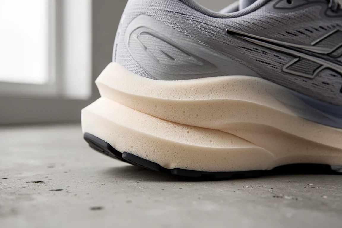 Close-up of a dual-layer foam midsole showing two distinct foam shades