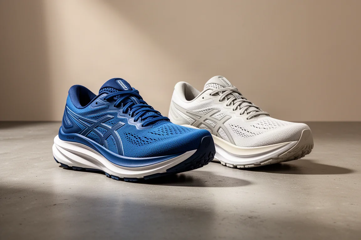 兩雙厚底 ASICS 跑鞋並排放置在水泥地上