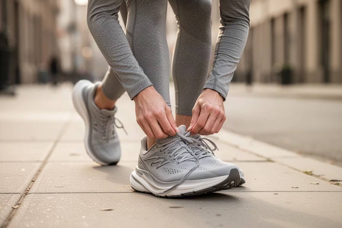 Hardloper die een dagelijkse trainer met hoge stack vetert voor een ochtendloop