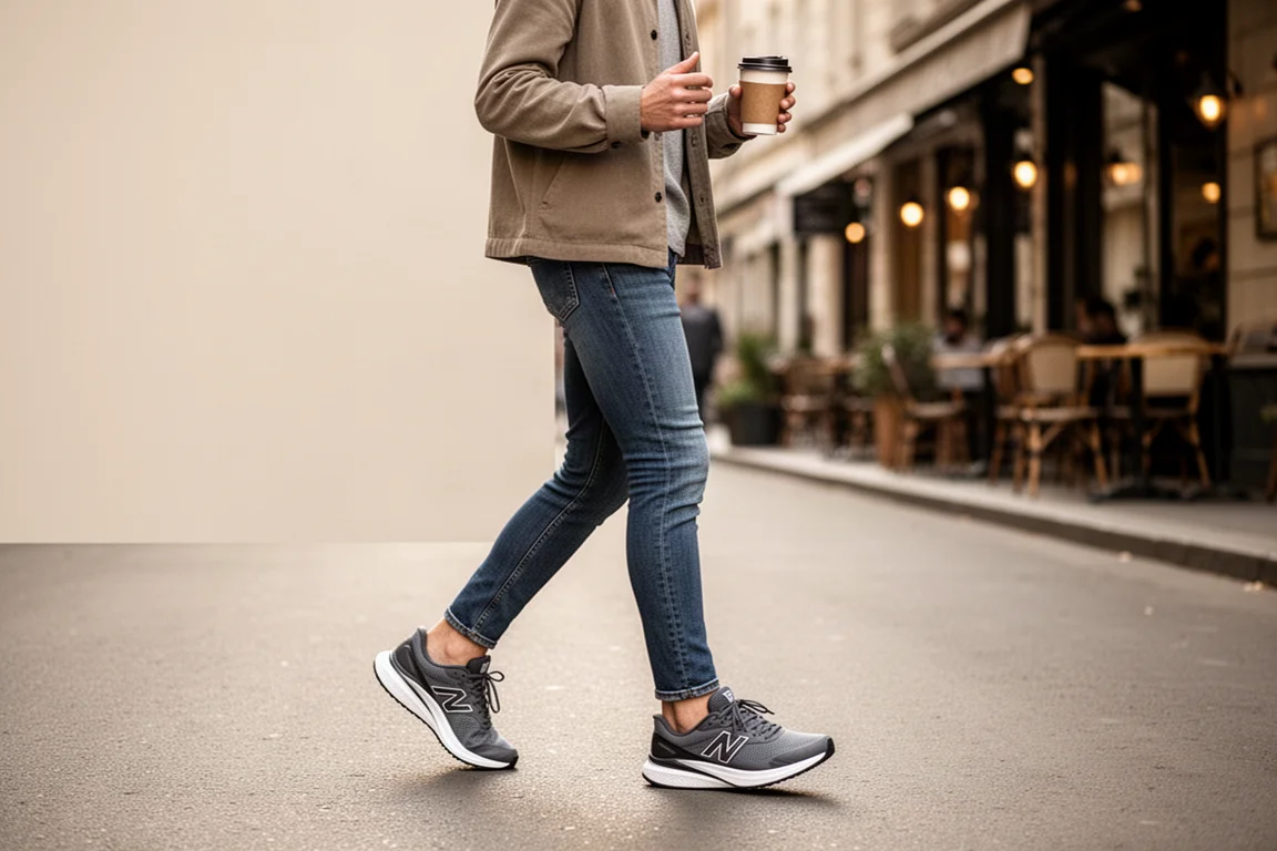 Hardlooper ontspant in een strakke, lage trainer met koffie in de hand