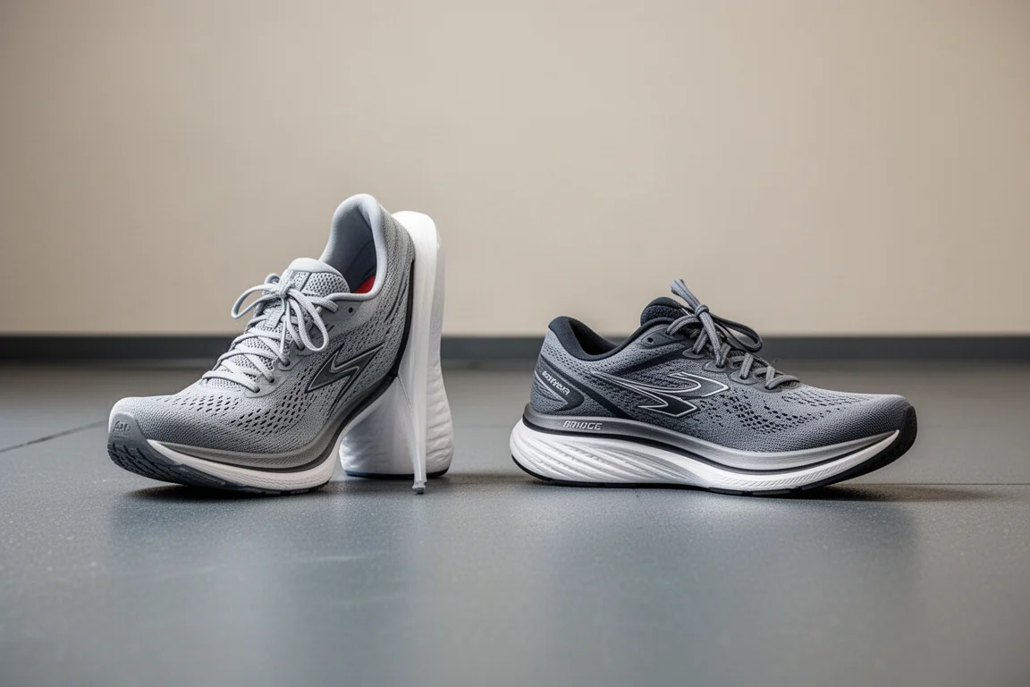 Twee hardloopschoenen naast elkaar op een sportschoenvloer tijdens een vergelijking