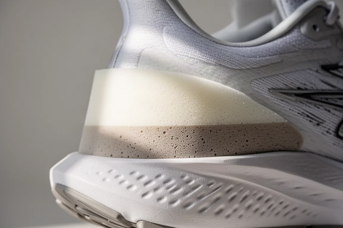 Zbliżenie na wysoką, warstwową piankę midsole buta biegowego z maksymalną amortyzacją